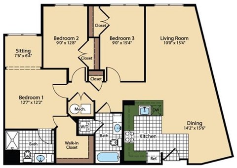 Floor plan for 3 beds, 2 baths, 1397 sqft