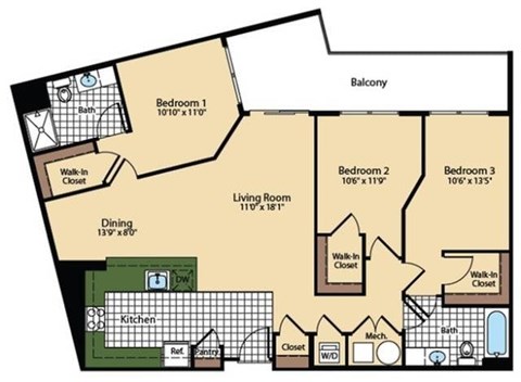 Floor plan for 3 beds, 2 baths, 1354 sqft