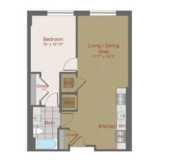 Floor plan for 1 bed, 1 bath, 656 sqft