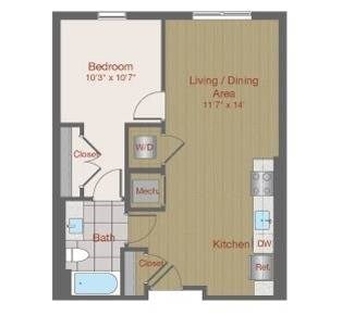 Floor plan for 1 bed, 1 bath, 605 sqft