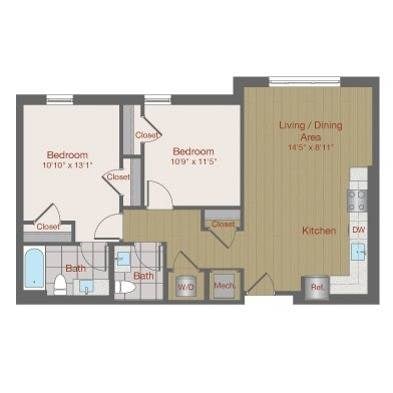 Floor plan for 2 beds, 1.5 baths, 868 sqft