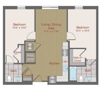 Floor plan for 2 beds, 1.5 baths, 874 sqft