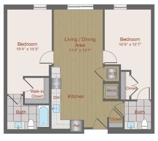 Floor plan for 2 beds, 1.5 baths, 911 sqft