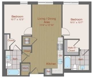 Floor plan for 2 beds, 2 baths, 892 sqft