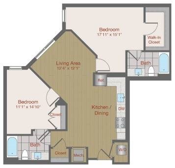 Floor plan for 2 beds, 2 baths, 966 sqft
