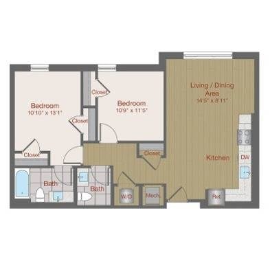 Floor plan for 2 beds, 1.5 baths, 868 sqft