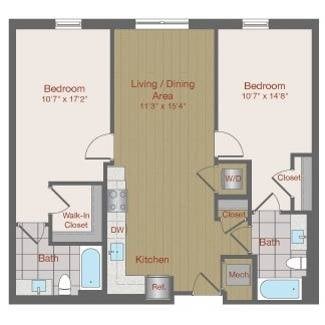 Floor plan for 2 beds, 2 baths, 990 sqft