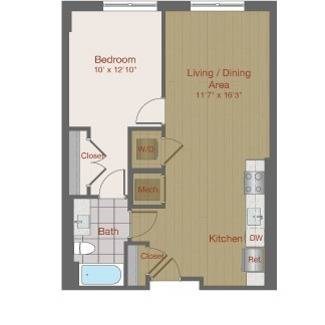 Floor plan for 1 bed, 1 bath, 656 sqft