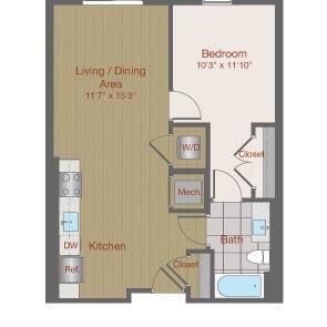 Floor plan for 1 bed, 1 bath, 633 sqft