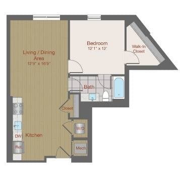 Floor plan for 1 bed, 1 bath, 715 sqft