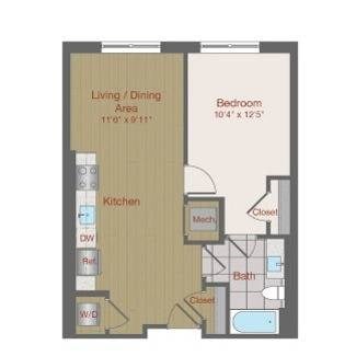 Floor plan for 1 bed, 1 bath, 611 sqft