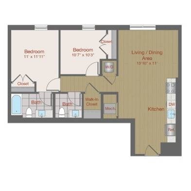 Floor plan for 2 beds, 1.5 baths, 849 sqft