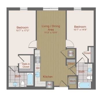 Floor plan for 2 beds, 2 baths, 990 sqft