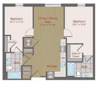 Floor plan for 2 beds, 2 baths, 874 sqft