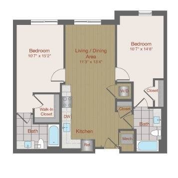 Floor plan for 2 beds, 2 baths, 944 sqft