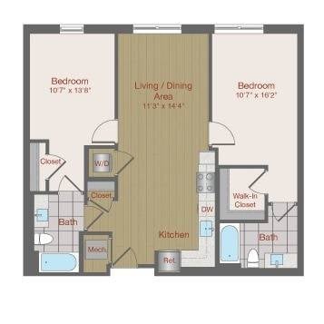 Floor plan for 2 beds, 2 baths, 957 sqft