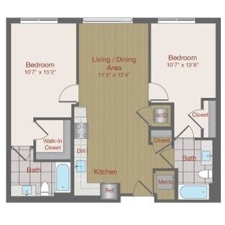 Floor plan for 2 beds, 2 baths, 924 sqft