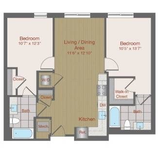 Floor plan for 2 beds, 2 baths, 892 sqft