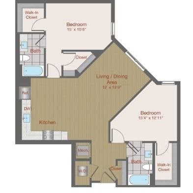Floor plan for 2 beds, 2 baths, 1126 sqft