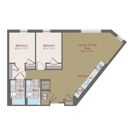 Floor plan for 2 beds, 2 baths, 1011 sqft