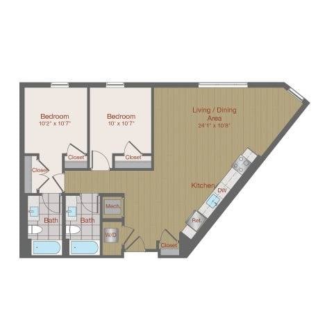 Floor plan for 2 beds, 2 baths, 957 sqft