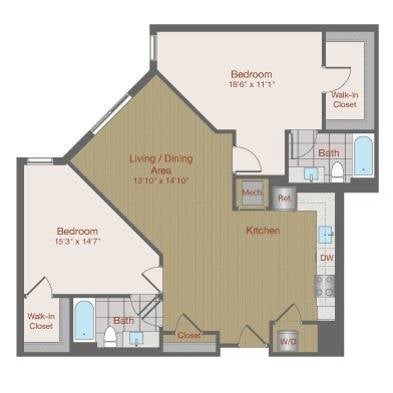 Floor plan for 2 beds, 2 baths, 1142 sqft