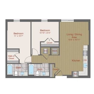 Floor plan for 2 beds, 2 baths, 961 sqft