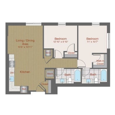Floor plan for 2 beds, 2 baths, 888 sqft