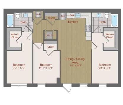Floor plan for 3 beds, 2 baths, 1129 sqft