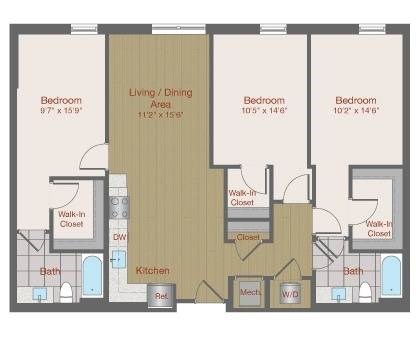Floor plan for 3 beds, 2 baths, 1284 sqft