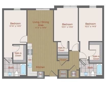 Floor plan for 3 beds, 2 baths, 1261 sqft