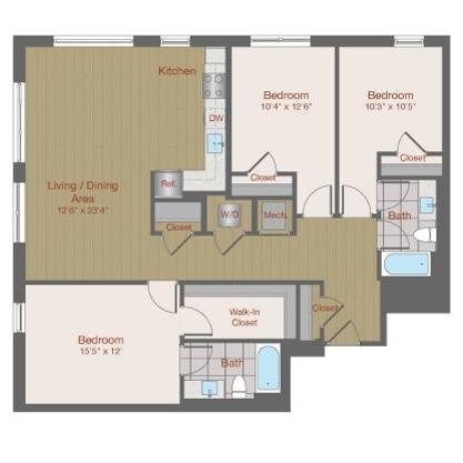 Floor plan for 3 beds, 2 baths, 1328 sqft