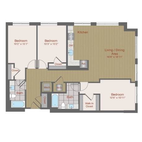 Floor plan for 3 beds, 2 baths, 1351 sqft