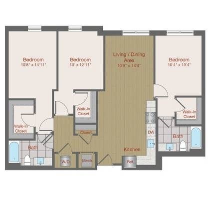 Floor plan for 3 beds, 2 baths, 1229 sqft