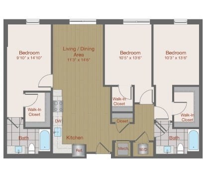 Floor plan for 3 beds, 2 baths, 1241 sqft