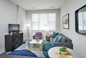 Fairfax apartment for rent - A living room with a grey couch, a coffee table, a side table, a cabinet, a chair, and a potted plant.