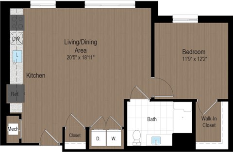 Floor plan for 1 bed, 1 bath, 743 sqft