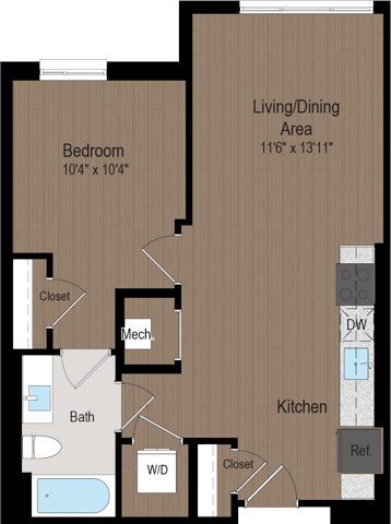 Floor plan for 1 bed, 1 bath, 603 sqft