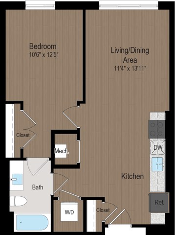 Floor plan for 1 bed, 1 bath, 644 sqft