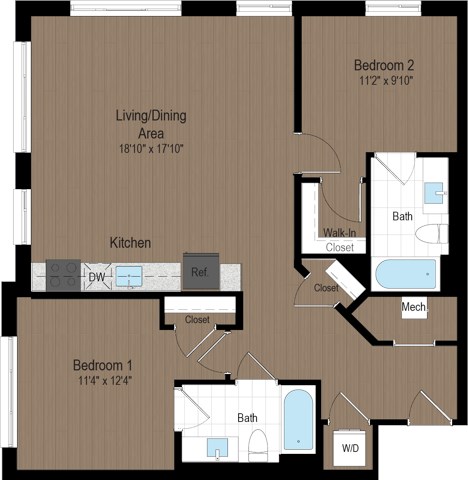 Floor plan for 2 beds, 2 baths, 983 sqft