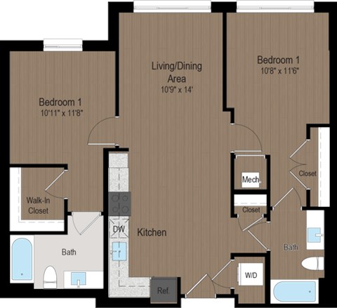 Floor plan for 2 beds, 2 baths, 918 sqft