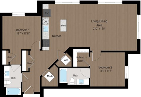 Floor plan for 2 beds, 2 baths, 1119 sqft