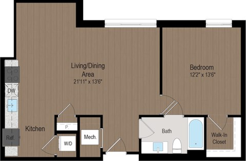Floor plan for 1 bed, 1 bath, 744 sqft