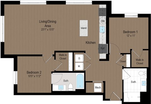 Floor plan for 2 beds, 2 baths, 1118 sqft