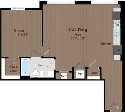 Floor plan for 1 bed, 1 bath, 738 sqft