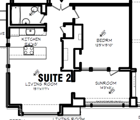 Victoria apartment for rent - A black and white image of a floor plan for a home with a living room, kitchen, bedroom, and sunroom.