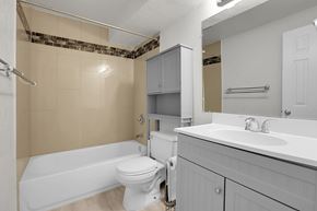 Lakewood apartment for rent - A white toilet is next to a bathtub in a bathroom.