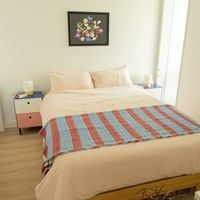 Victoria apartment for rent - A bed with a pink and blue striped blanket is in the foreground of a room with a white wall and a picture hanging above it.