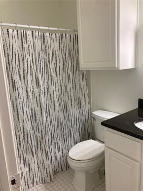 Austin apartment for rent - A white toilet with a black counter top and a shower curtain with a black and white pattern.