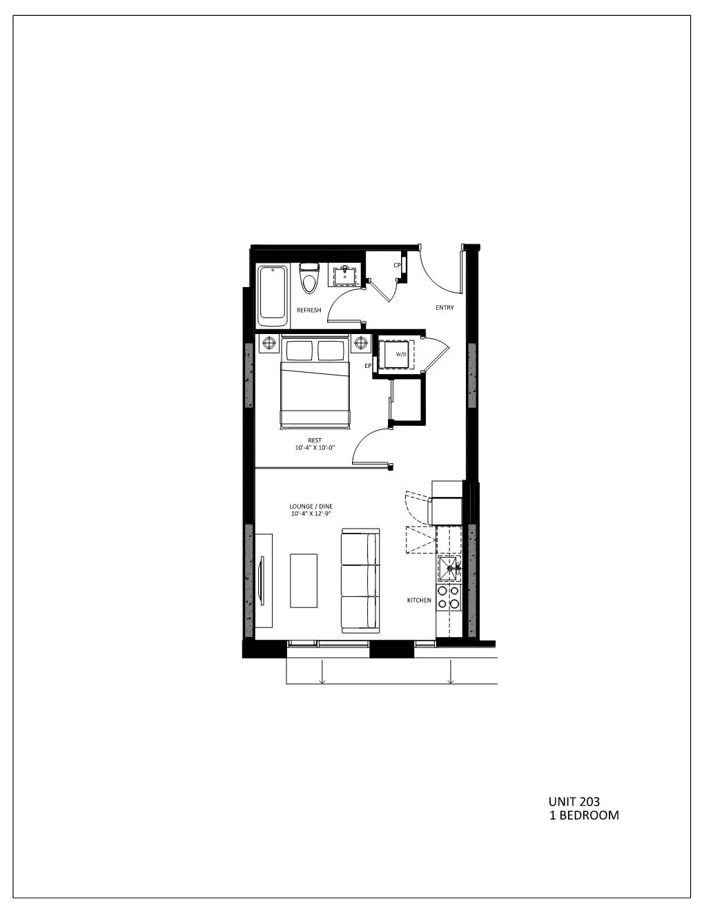 Floor plan for 1 bed, 1 bath, 635 sqft